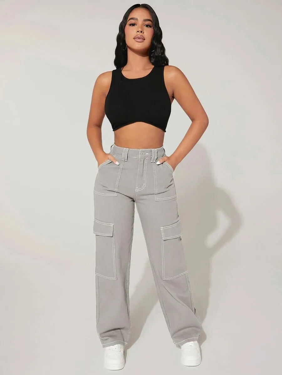 High Waist Denim Flap Pocket Cargo Jeans