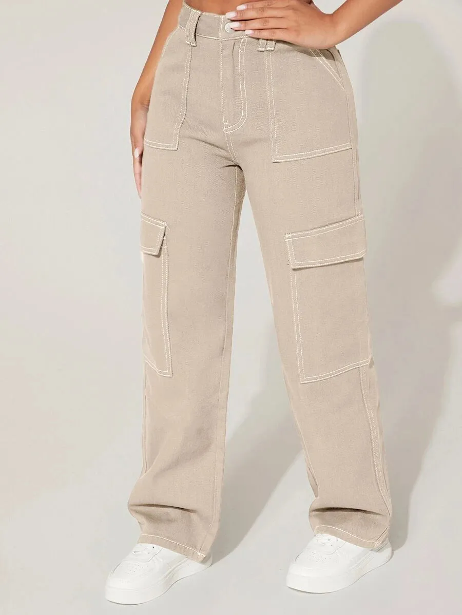 High Waist Denim Flap Pocket Cargo Jeans