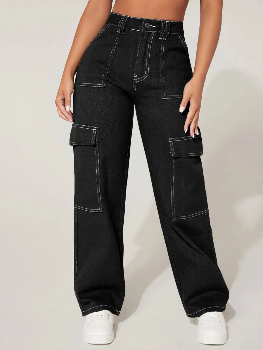 High Waist Denim Flap Pocket Cargo Jeans