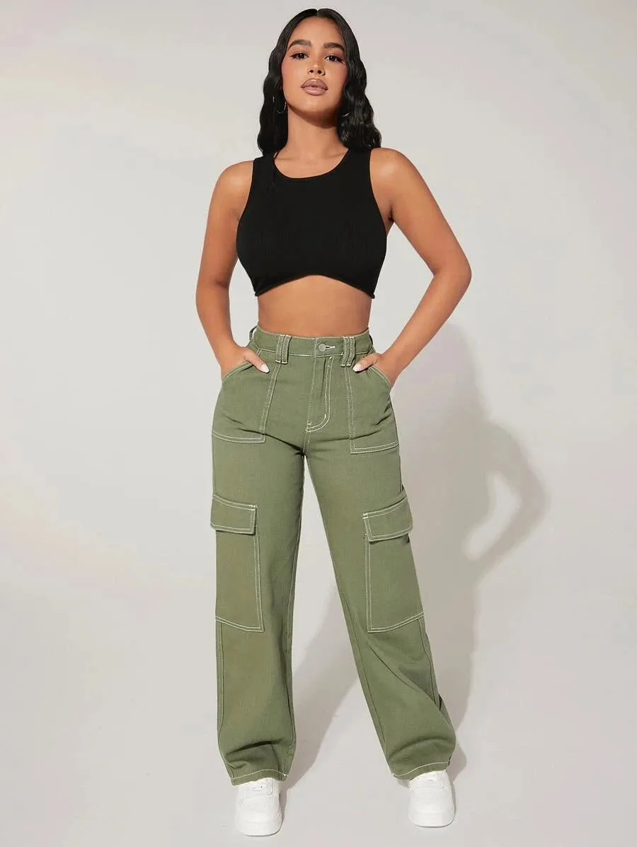 High Waist Denim Flap Pocket Cargo Jeans