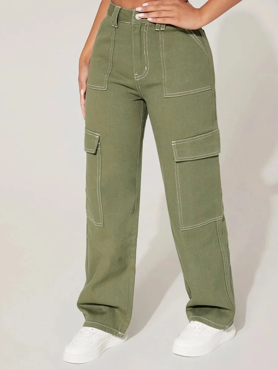 High Waist Denim Flap Pocket Cargo Jeans