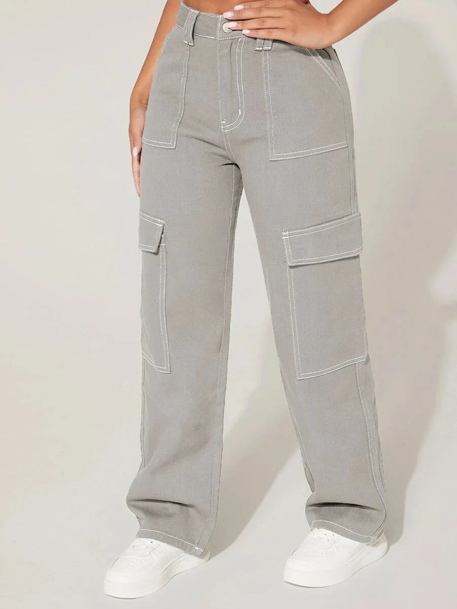 High Waist Denim Flap Pocket Cargo Jeans