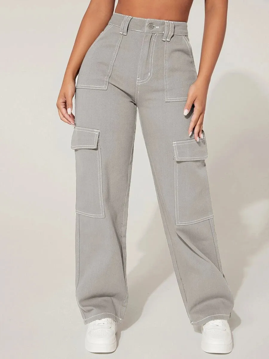 High Waist Denim Flap Pocket Cargo Jeans