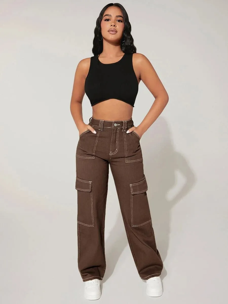 High Waist Denim Flap Pocket Cargo Jeans