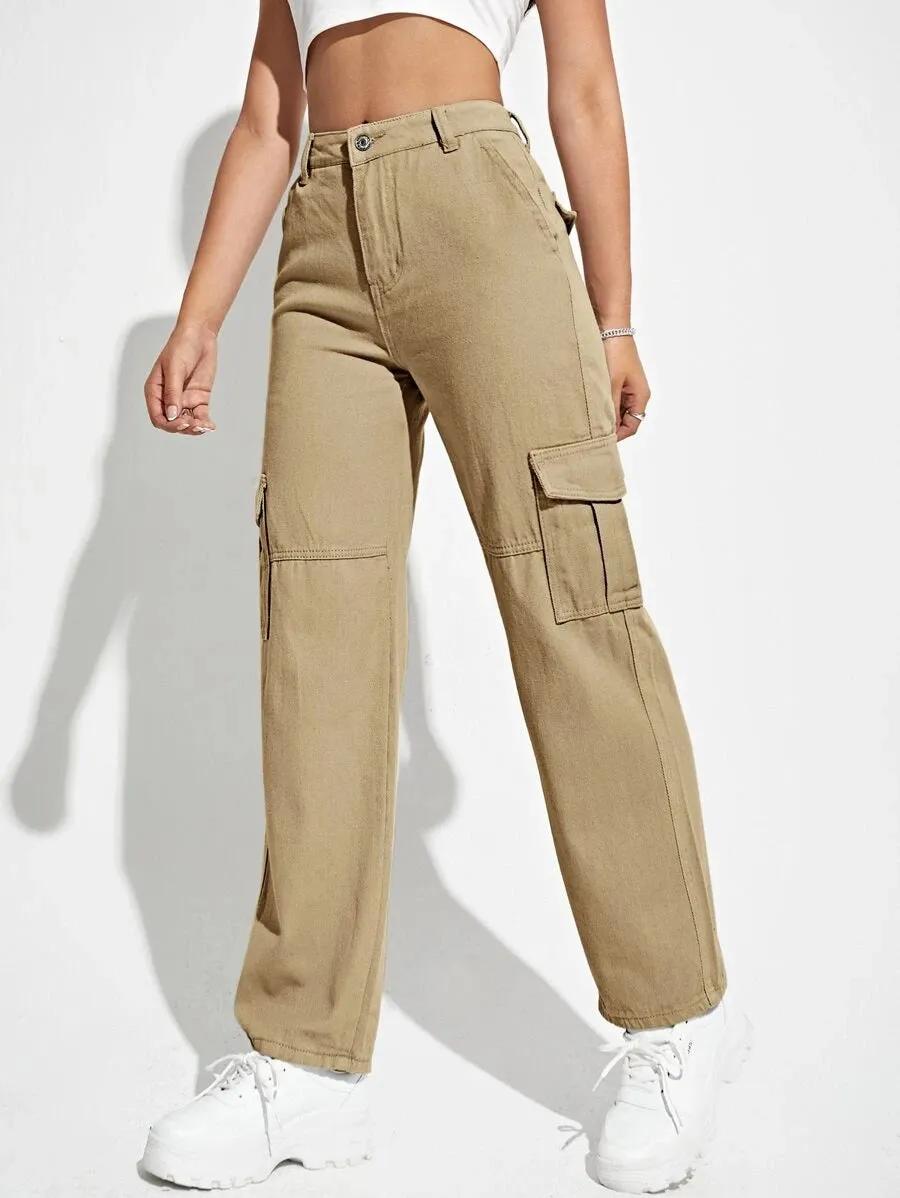 High Waist Flap Pockets Denim Cargo Jeans