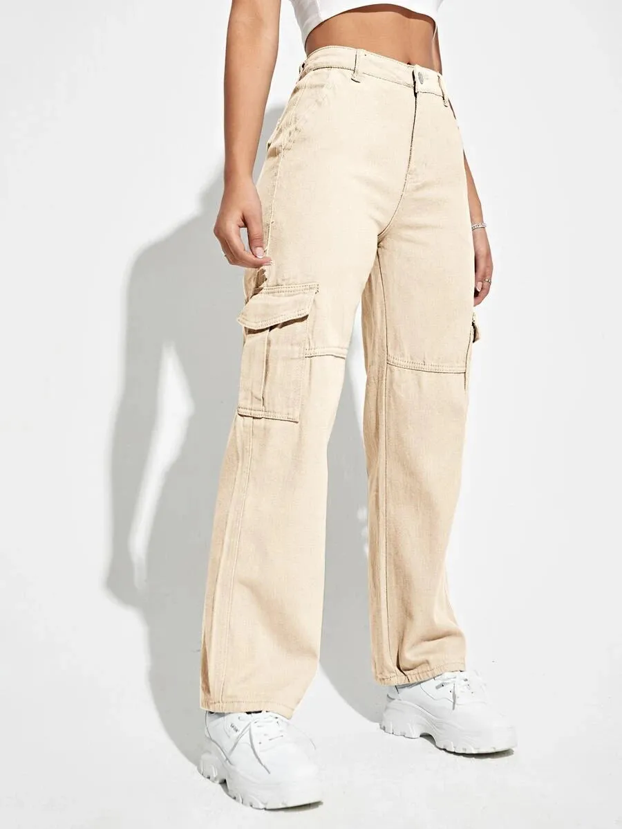 High Waist Flap Pockets Denim Cargo Jeans