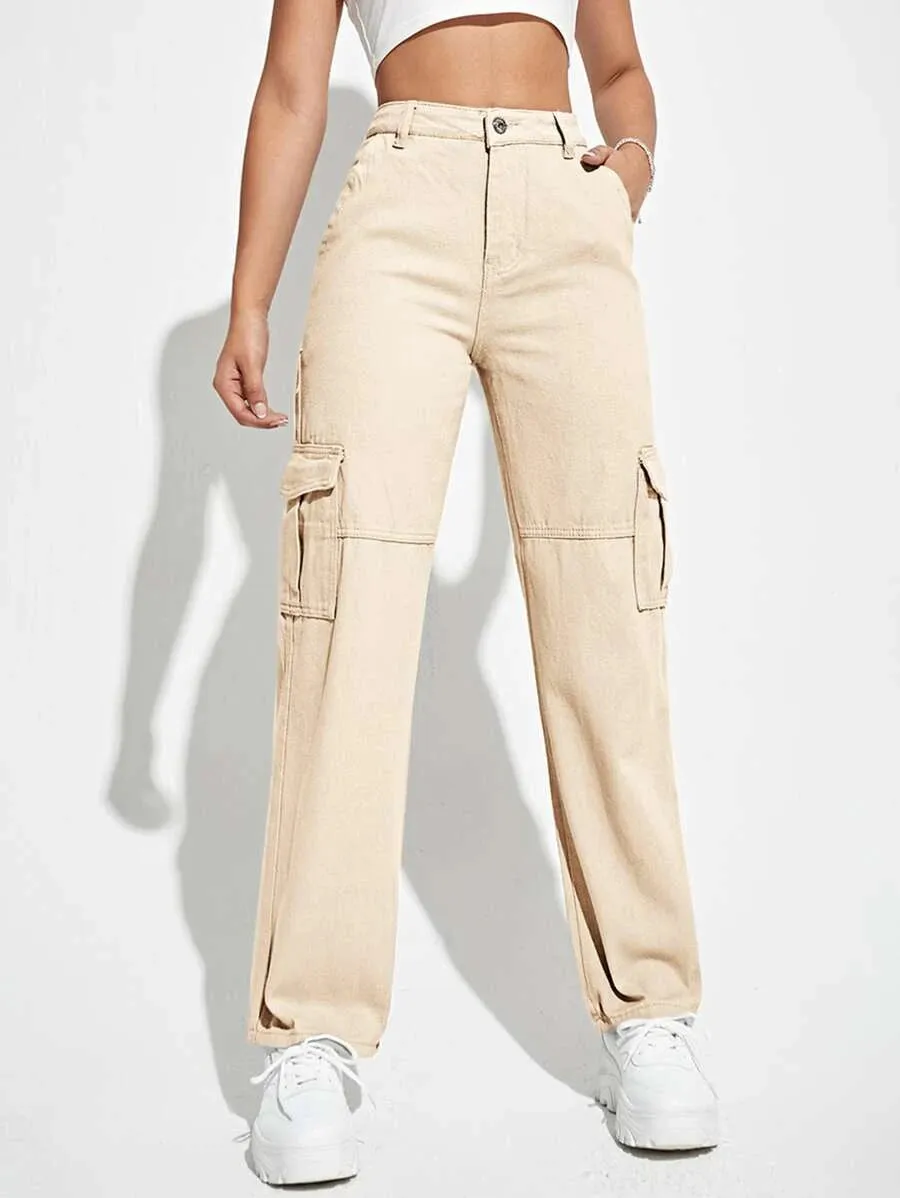 High Waist Flap Pockets Denim Cargo Jeans