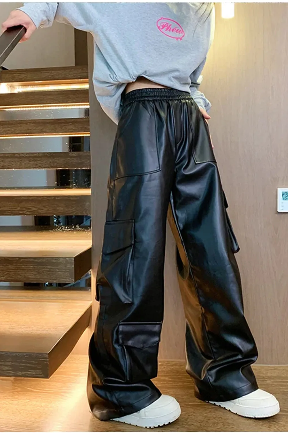 High Waist Loose Black Leather Cargo Pockets Pants