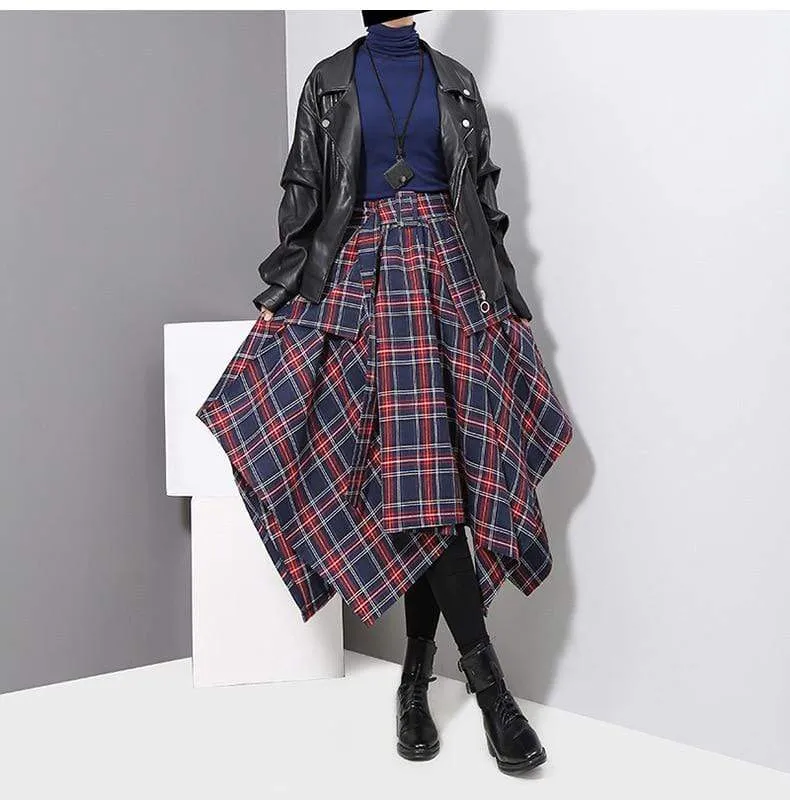 High Waist Red Plaid Asymmetrical Skirt | Millennials