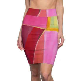 High Waist Womens Pencil Skirt - Contour Stretch - Pink Mauve Red Geometric Pattern