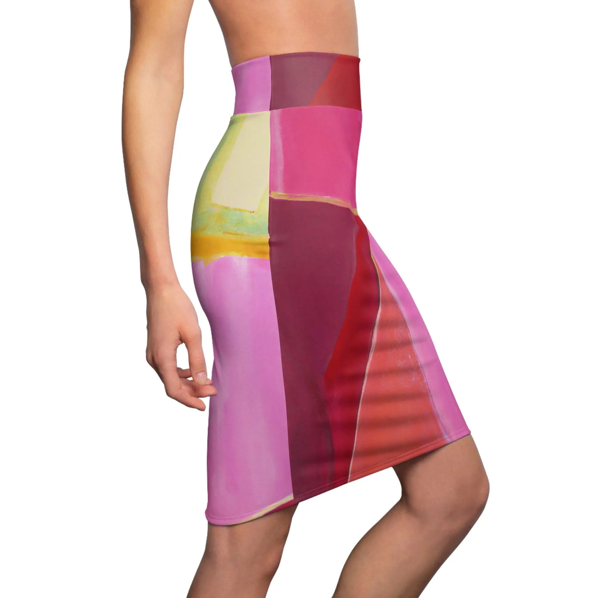 High Waist Womens Pencil Skirt - Contour Stretch - Pink Mauve Red Geometric Pattern