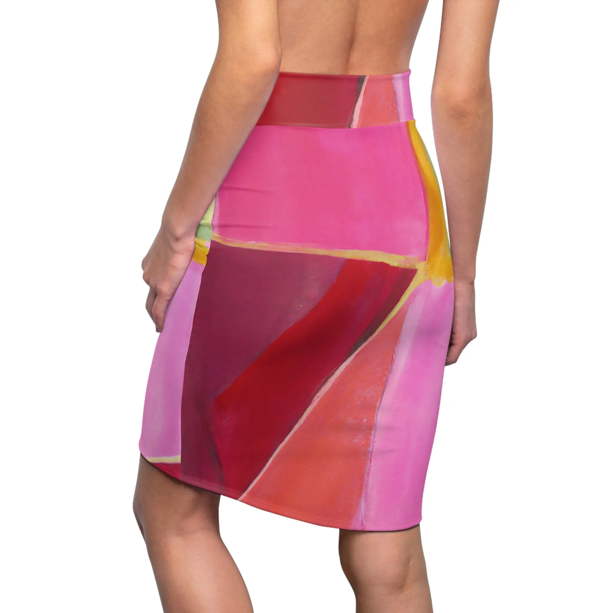 High Waist Womens Pencil Skirt - Contour Stretch - Pink Mauve Red Geometric Pattern