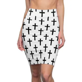 High Waist Womens Pencil Skirt - Contour Stretch - White and Black Seamless Cross Pattern