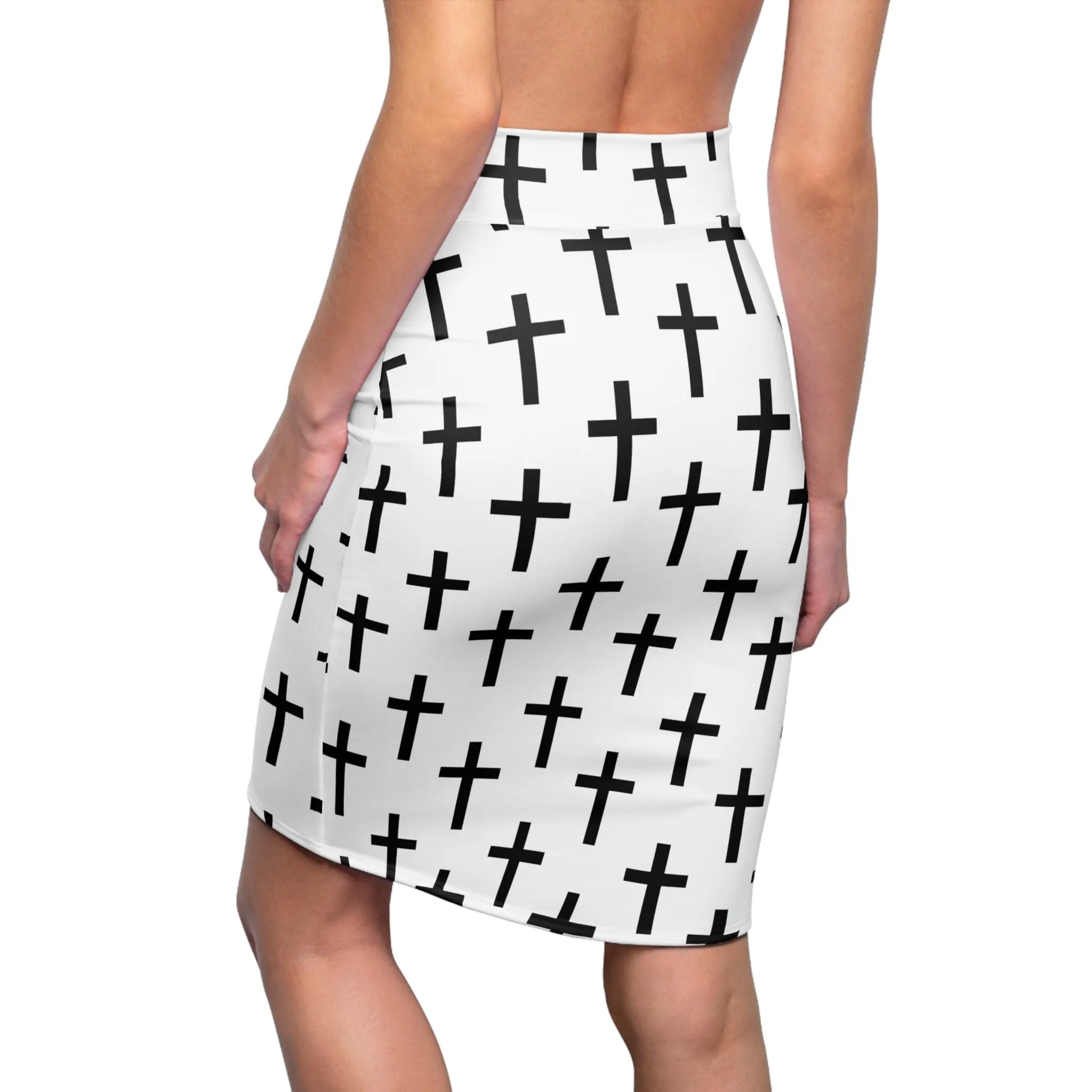 High Waist Womens Pencil Skirt - Contour Stretch - White and Black Seamless Cross Pattern