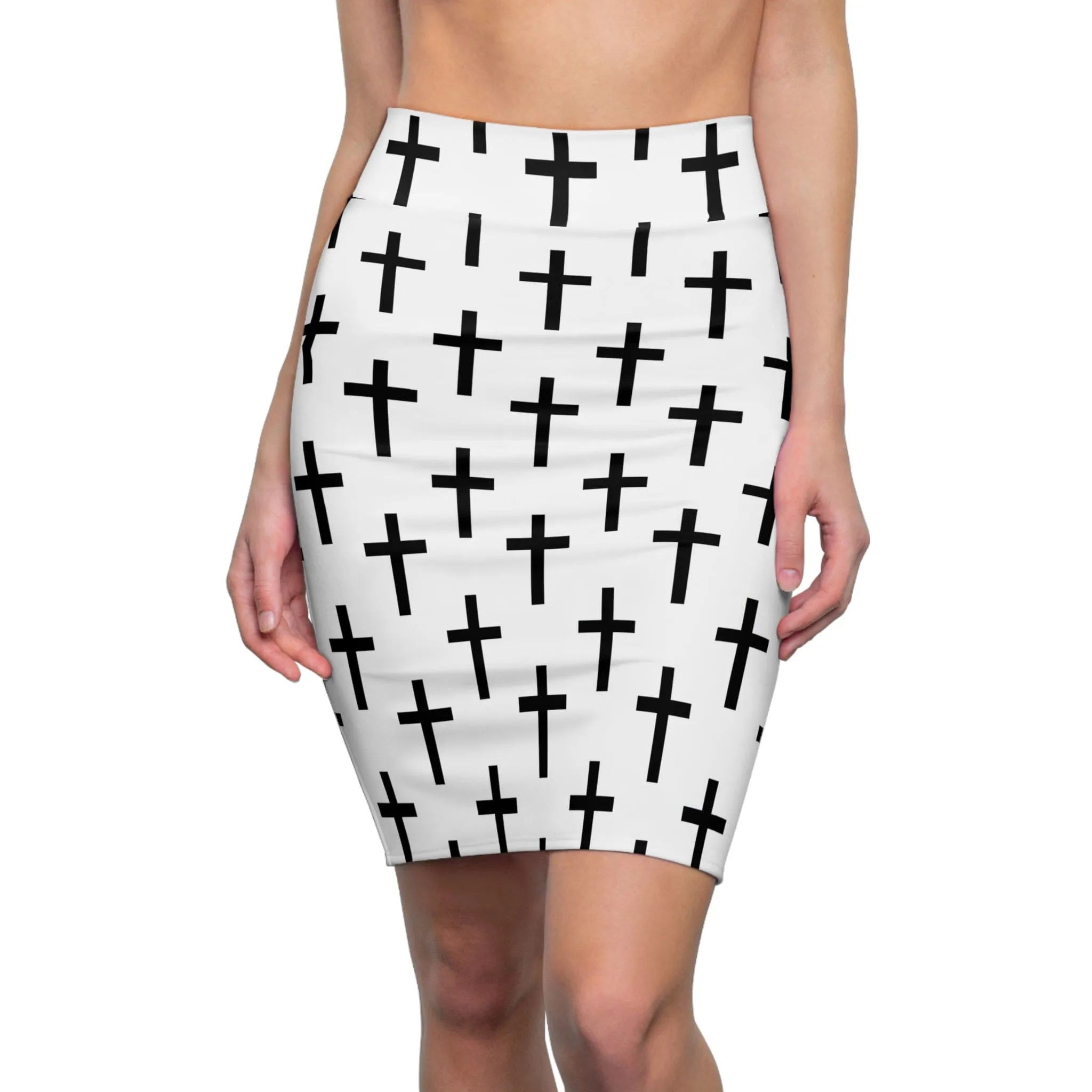 High Waist Womens Pencil Skirt - Contour Stretch - White and Black Seamless Cross Pattern