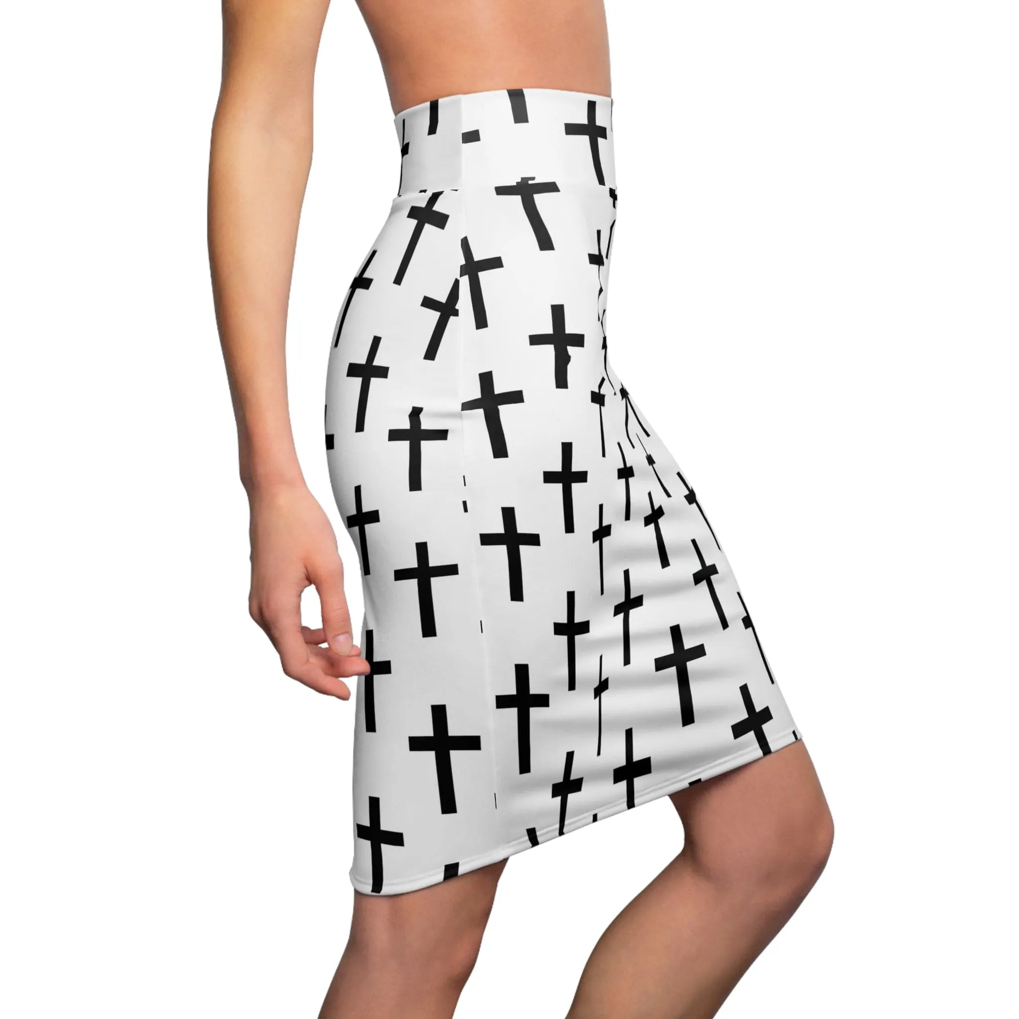 High Waist Womens Pencil Skirt - Contour Stretch - White and Black Seamless Cross Pattern