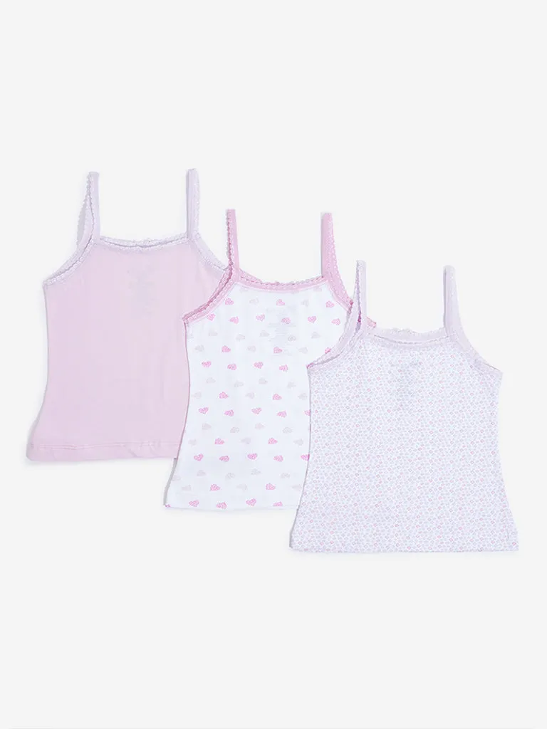 HOP Kids Pink Printed Cotton Camisoles - Pack of 3