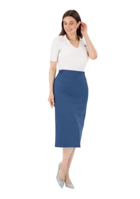 Indigo Midi Pencil Skirt with Elastic Waist and Closed Back Vent