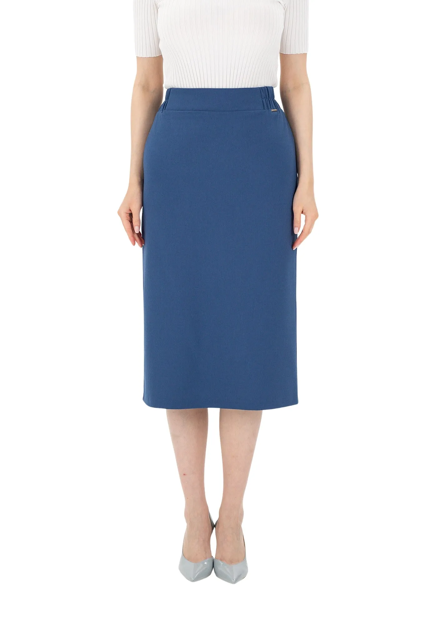 Indigo Midi Pencil Skirt with Elastic Waist and Closed Back Vent