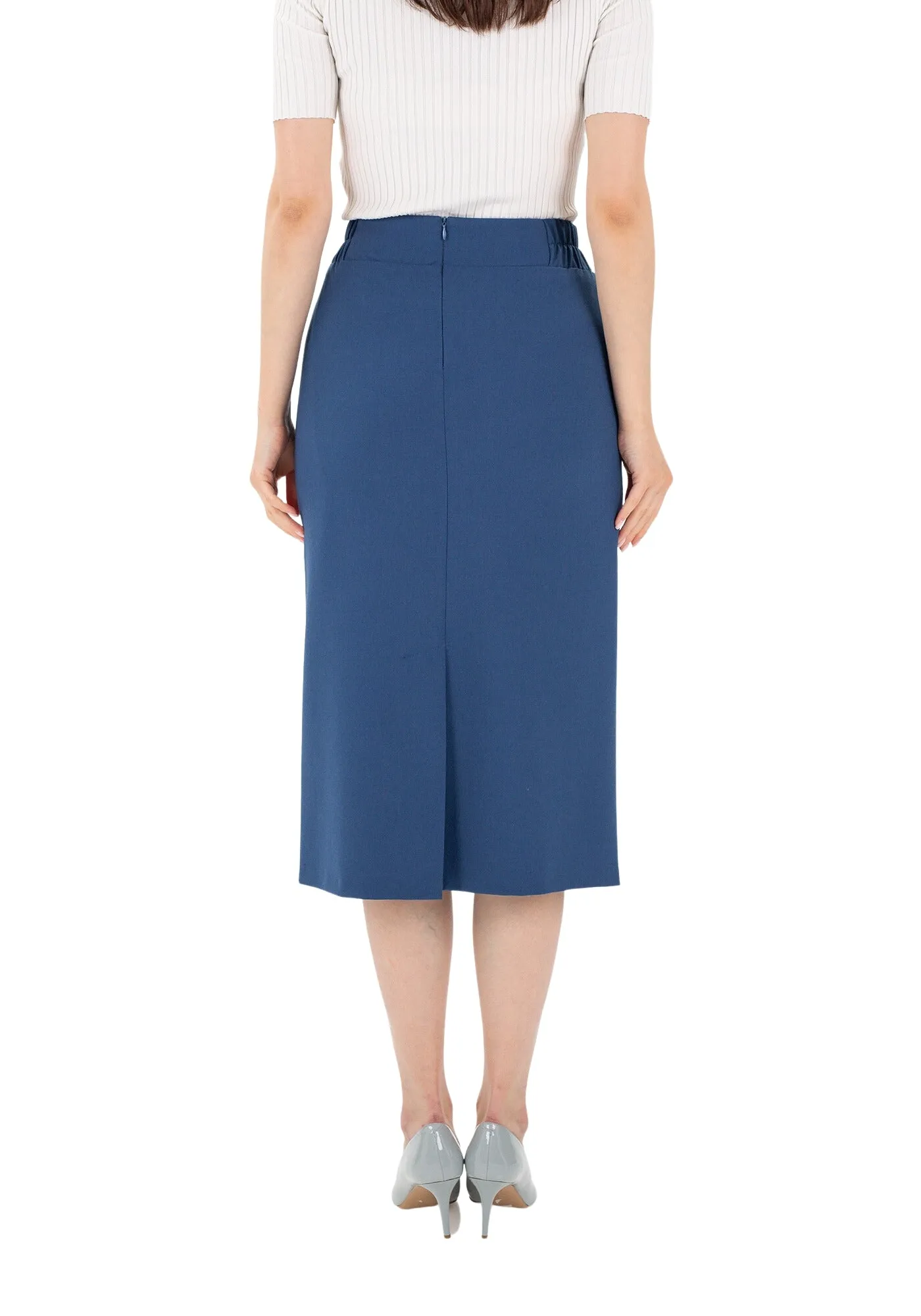 Indigo Midi Pencil Skirt with Elastic Waist and Closed Back Vent