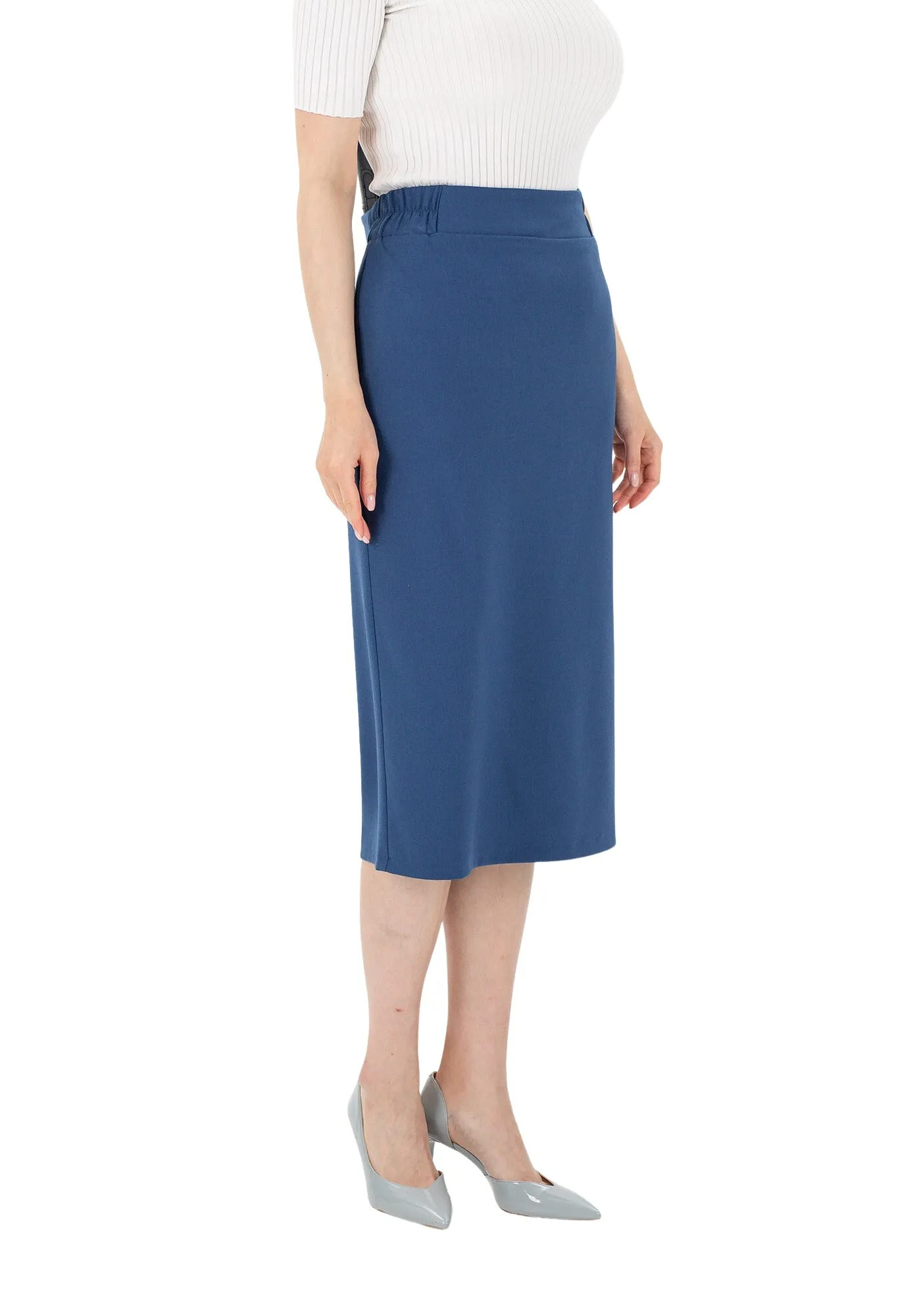 Indigo Midi Pencil Skirt with Elastic Waist and Closed Back Vent