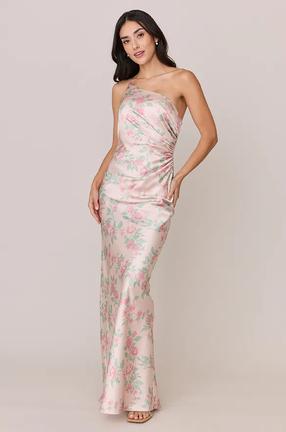 Jade Satin Floral Print Dress | Made To Order