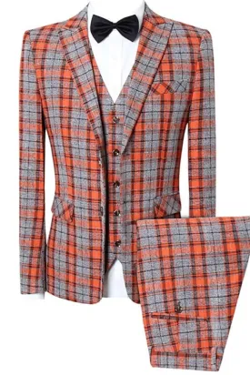 Joyce Orange Plaid Chic Three-Piece Peaked Lapel Business Suit