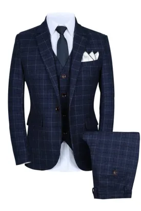 Keiiy Custom Blue Notched Lapel Three-Piece Plaid Business Suit for Men