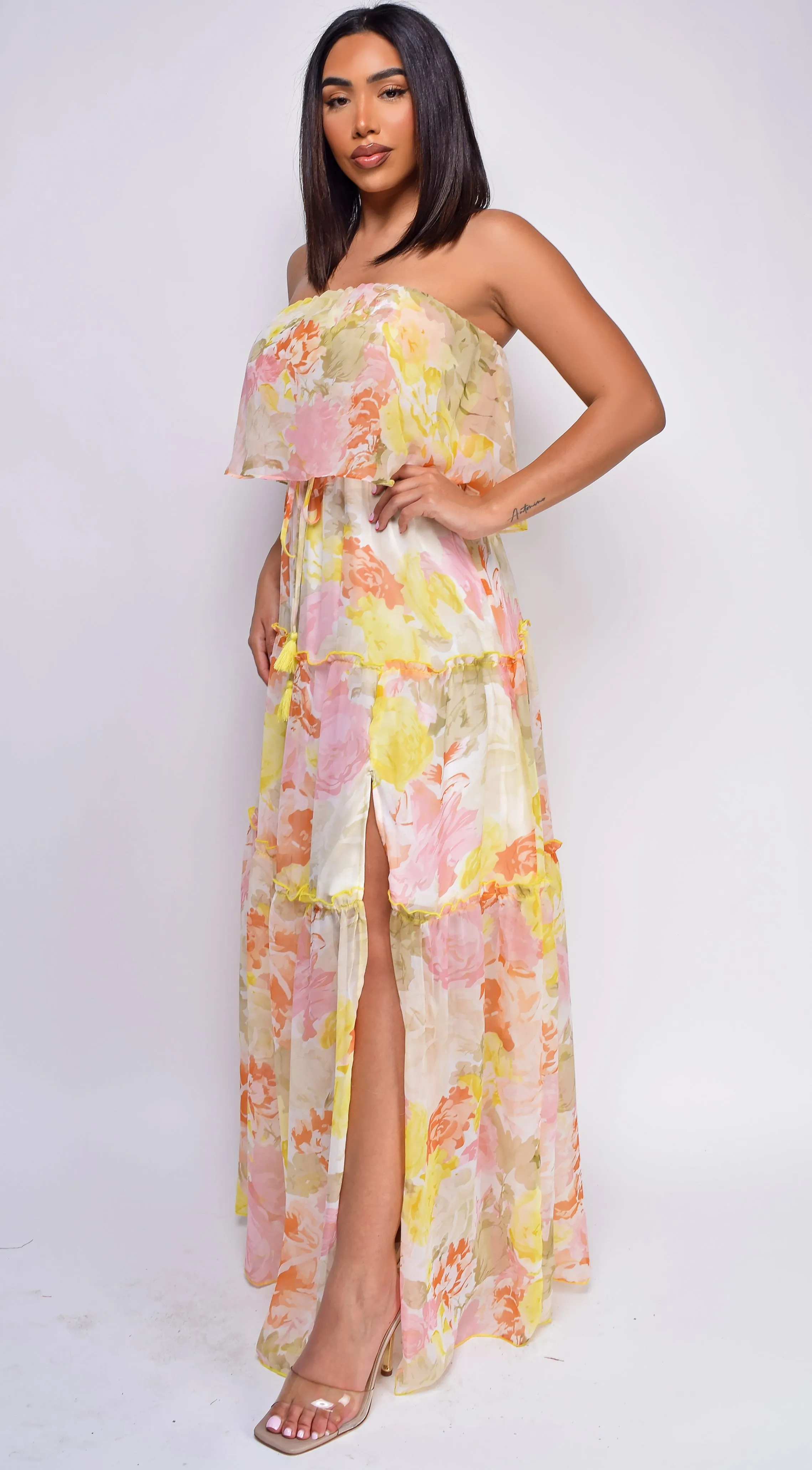 Kelly Yellow Multi Floral Print Tube Sleeveless Side Slit Dress