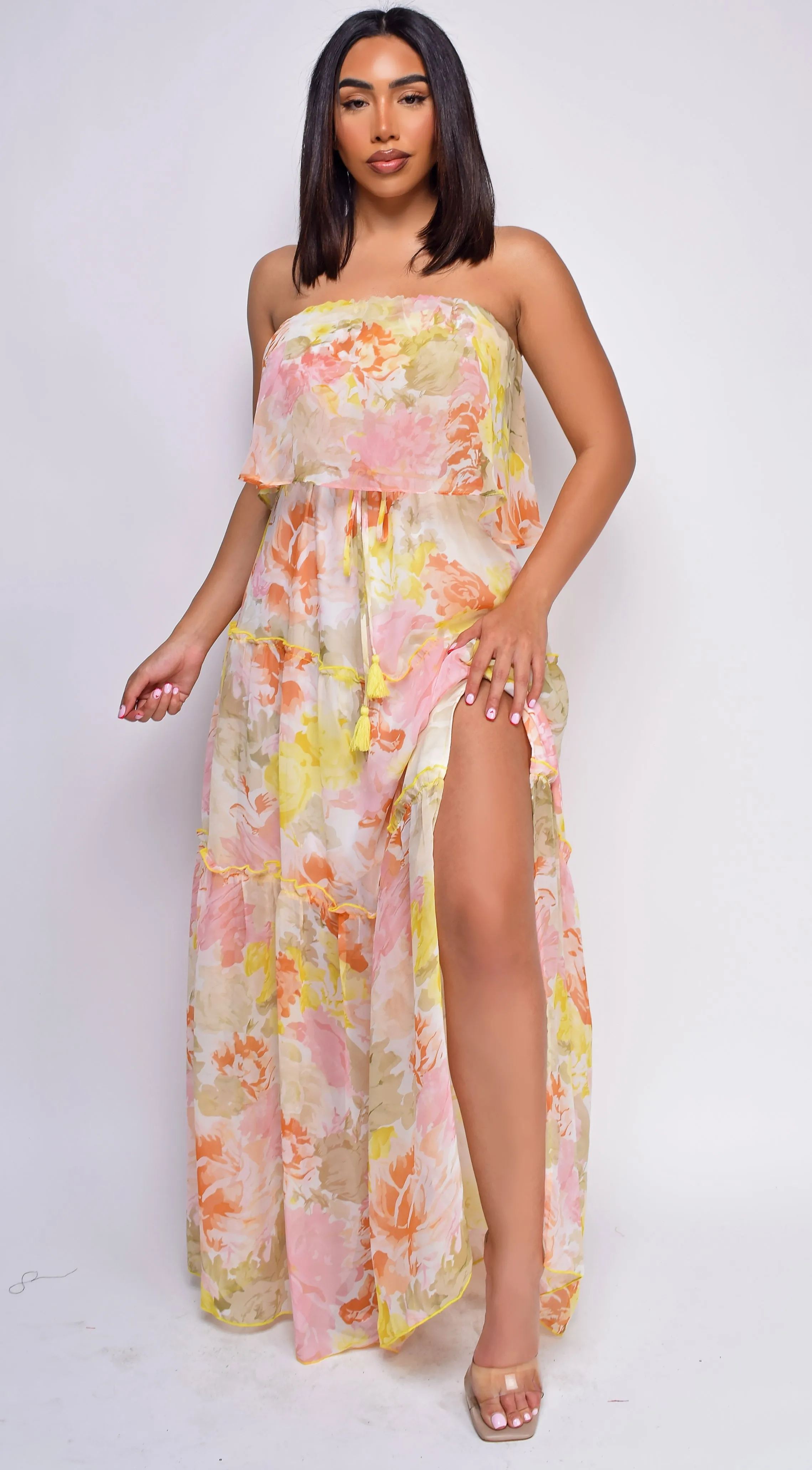 Kelly Yellow Multi Floral Print Tube Sleeveless Side Slit Dress