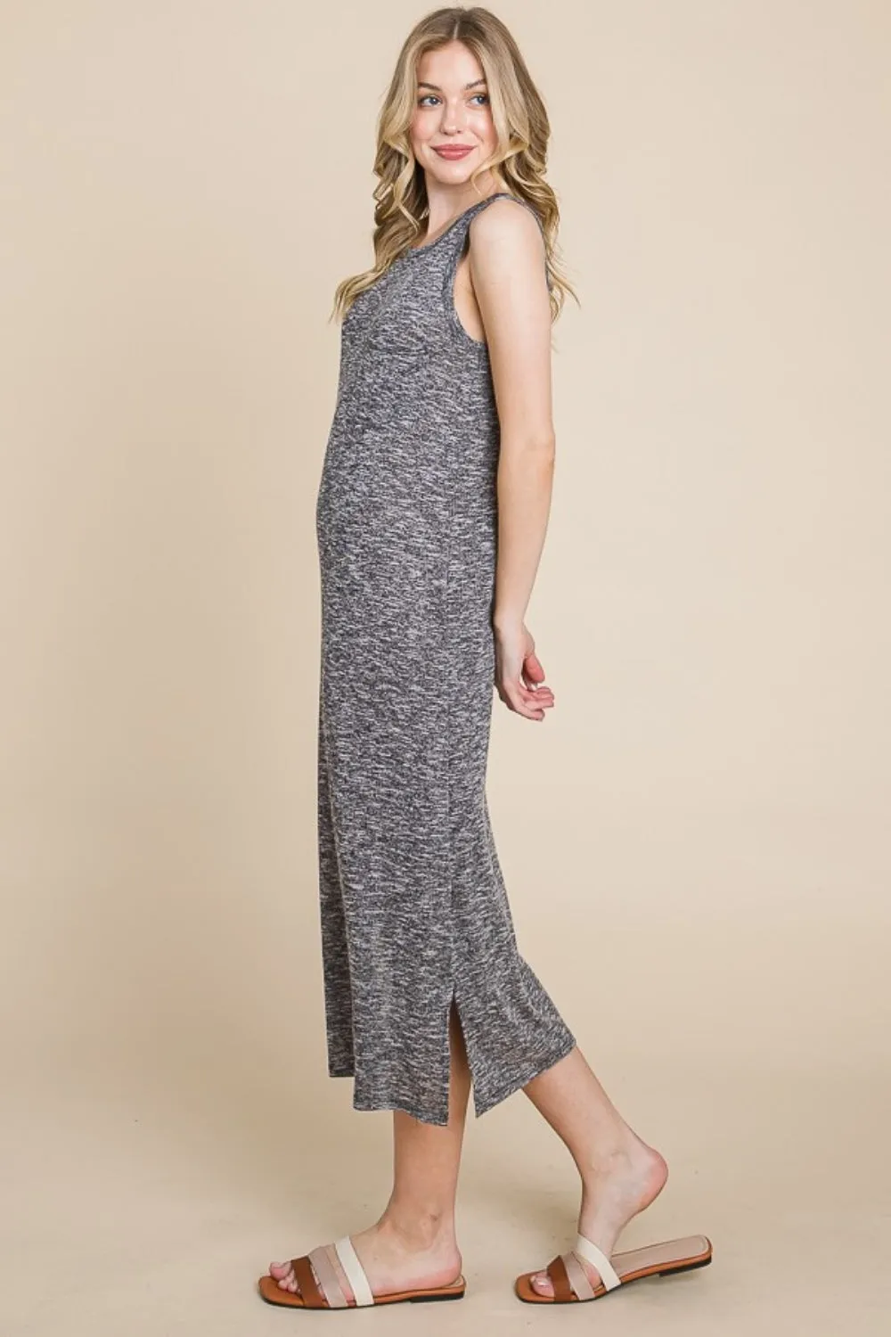 KESLEY Casual Sleeveless Midi  Round Neck Slit Midi Tank Dress