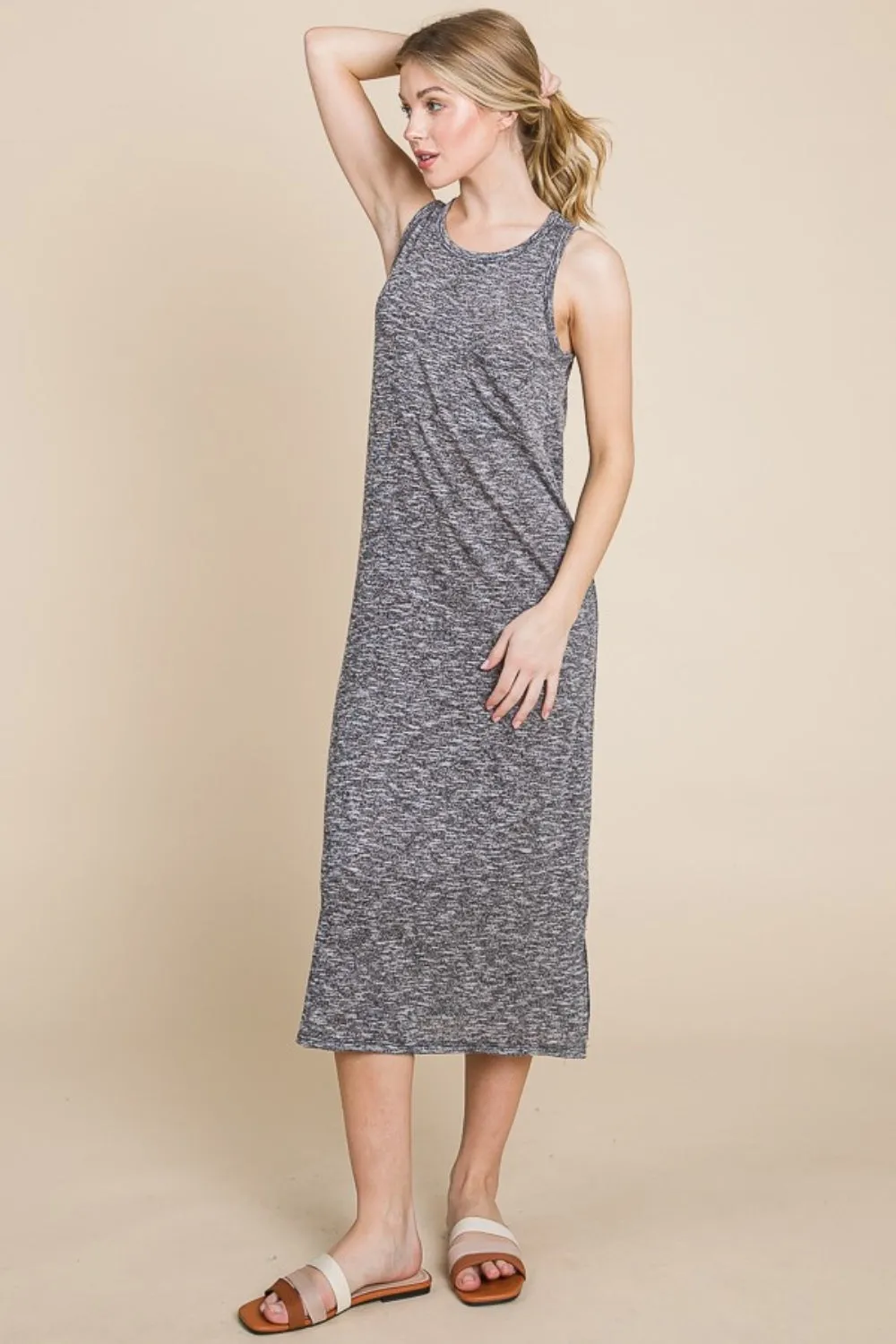 KESLEY Casual Sleeveless Midi  Round Neck Slit Midi Tank Dress