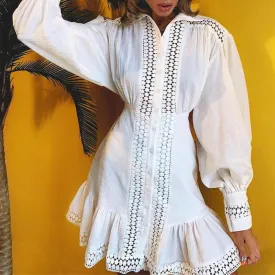 knee length long sleeve embroidery water-soluble lace patchwork plain white cotton dress women