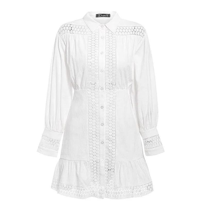 knee length long sleeve embroidery water-soluble lace patchwork plain white cotton dress women