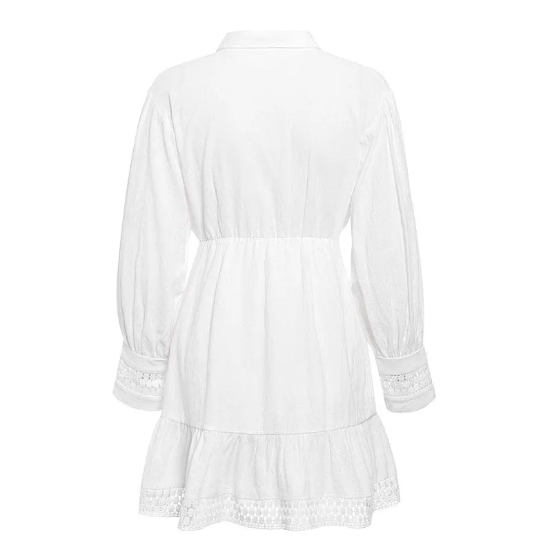 knee length long sleeve embroidery water-soluble lace patchwork plain white cotton dress women