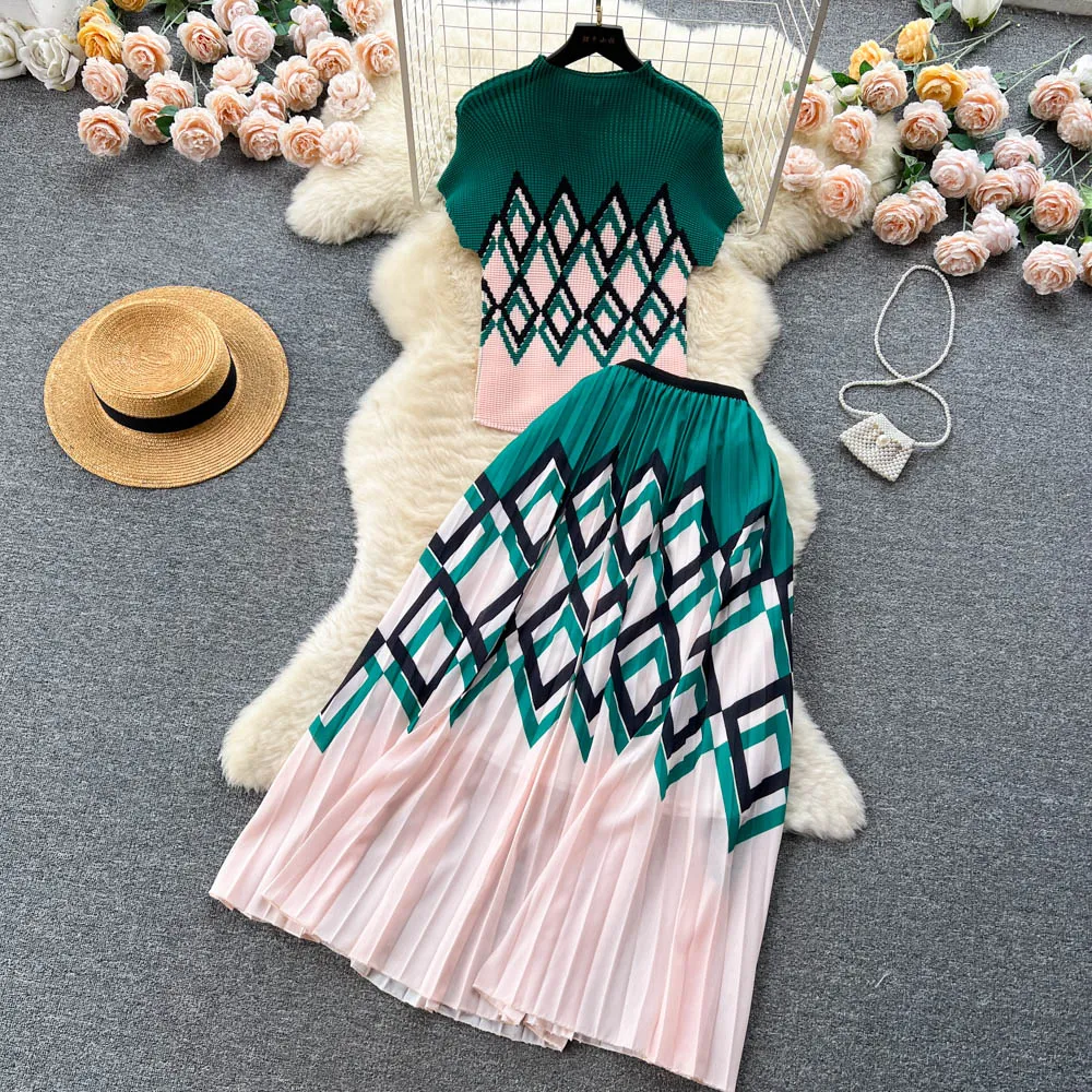 Knitwear&Pleated Skirt Printed2Pcs