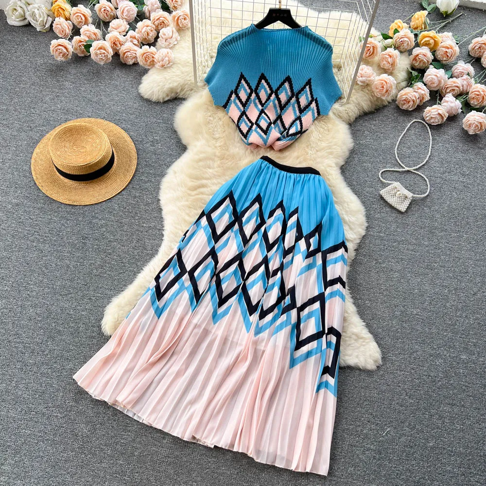 Knitwear&Pleated Skirt Printed2Pcs