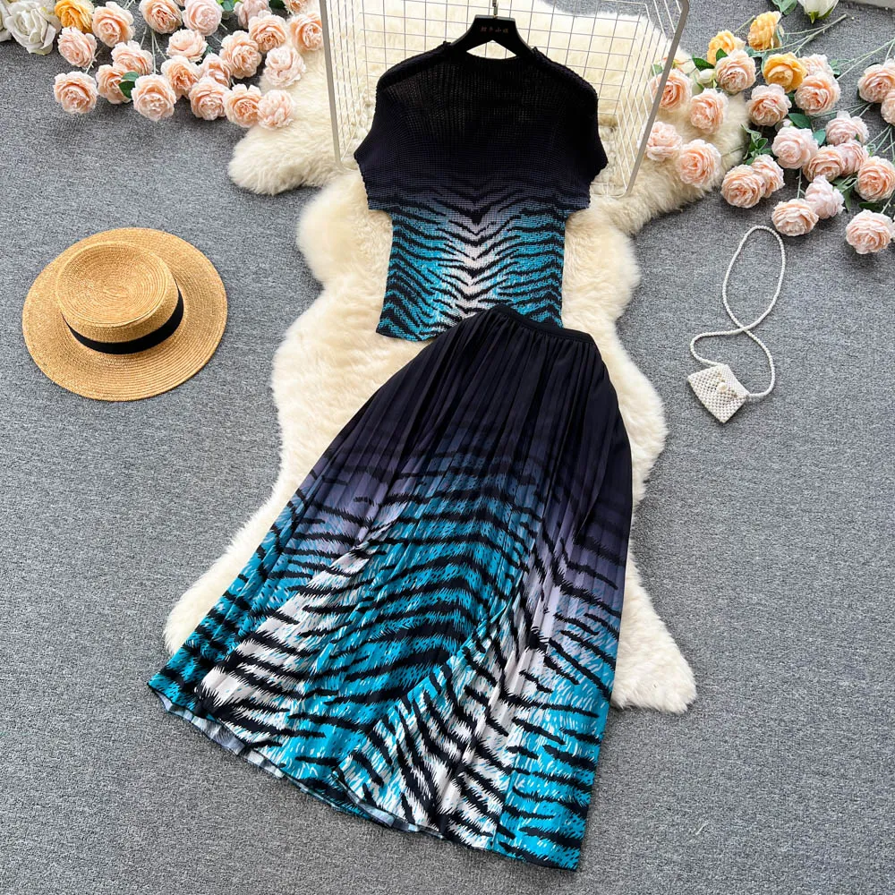 Knitwear&Pleated Skirt Printed2Pcs