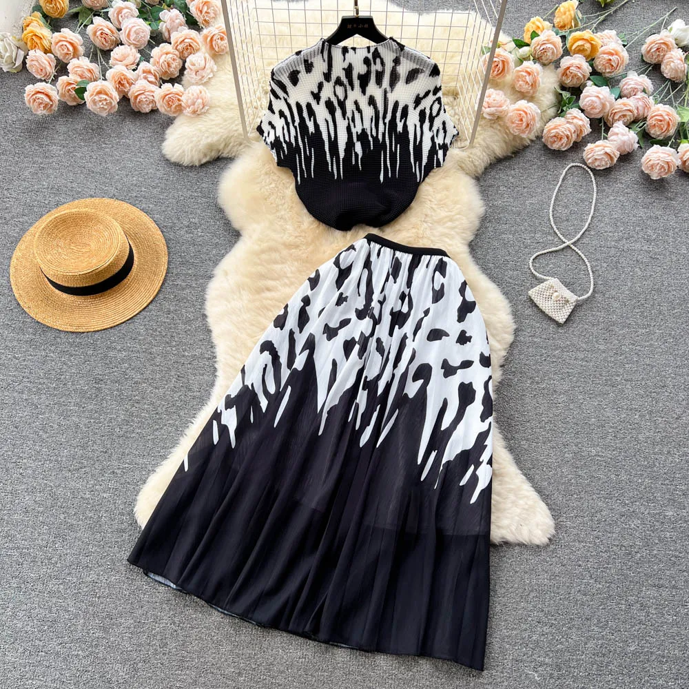 Knitwear&Pleated Skirt Printed2Pcs