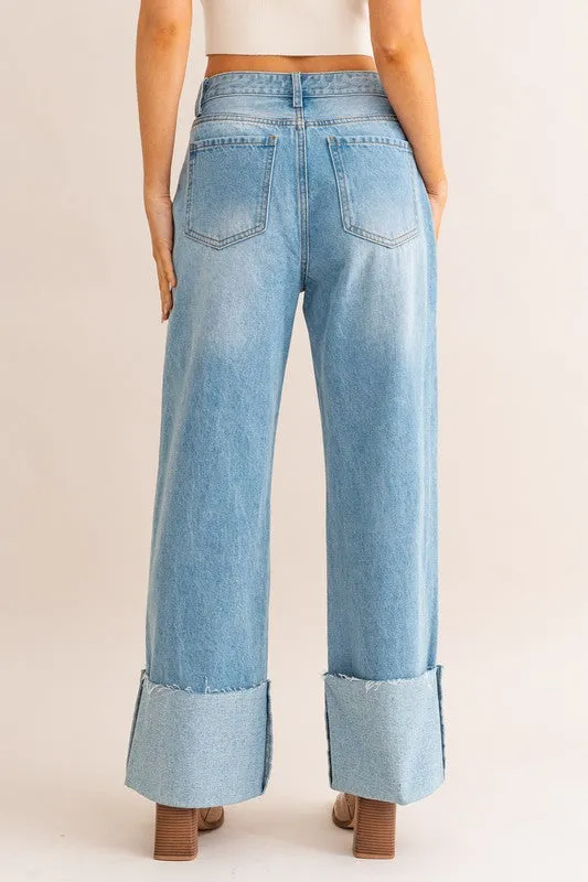 LE LIS High-Waisted Wide Leg Cuffed Light Denim Jeans