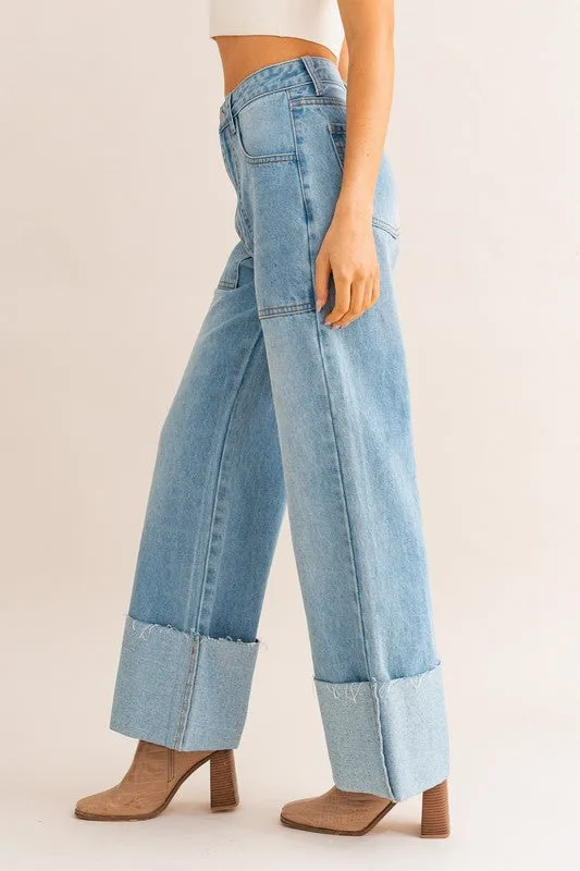 LE LIS High-Waisted Wide Leg Cuffed Light Denim Jeans