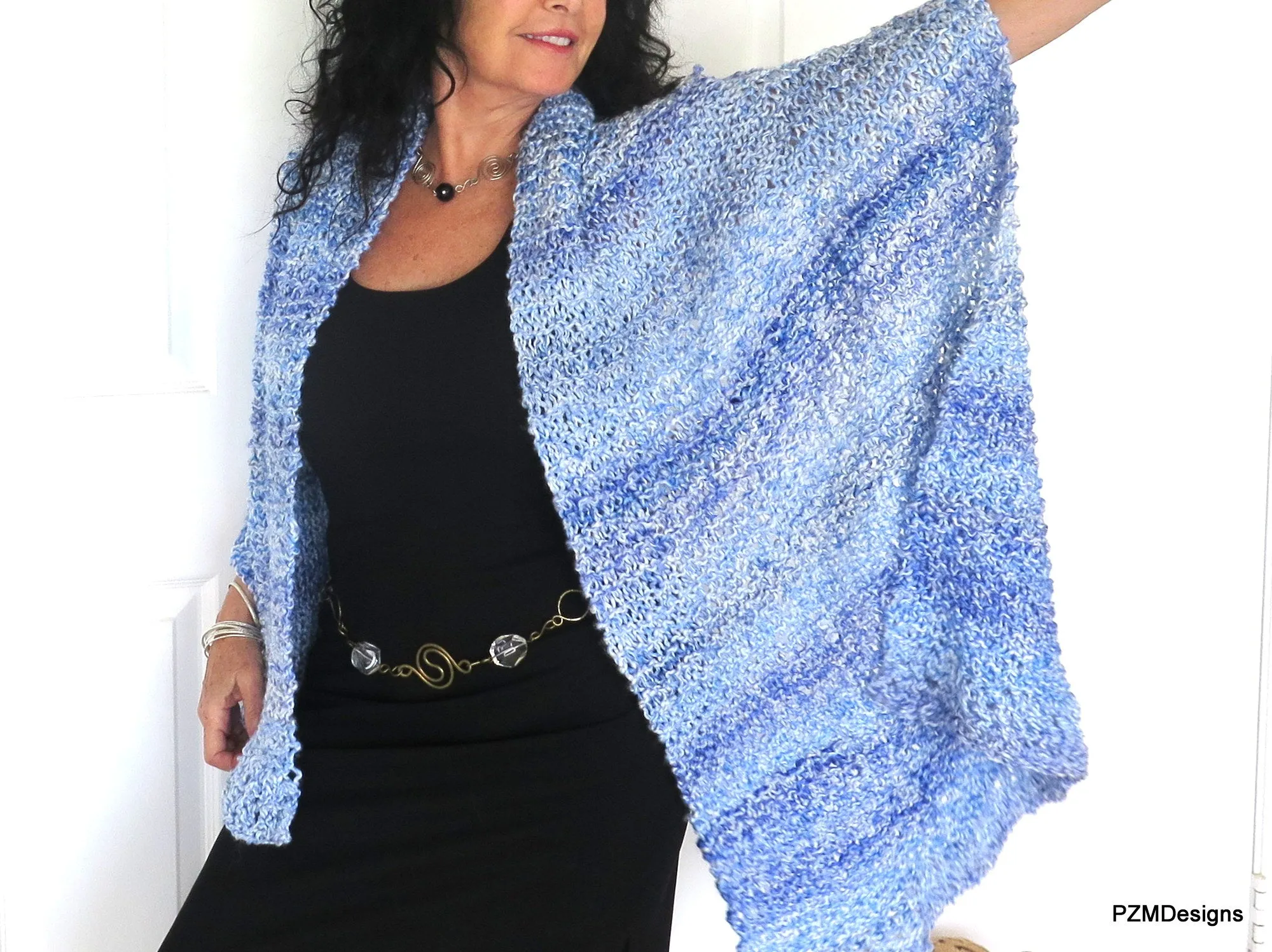 Light Blue Shawl, Extra Large Hand Knit Prayer Shawl