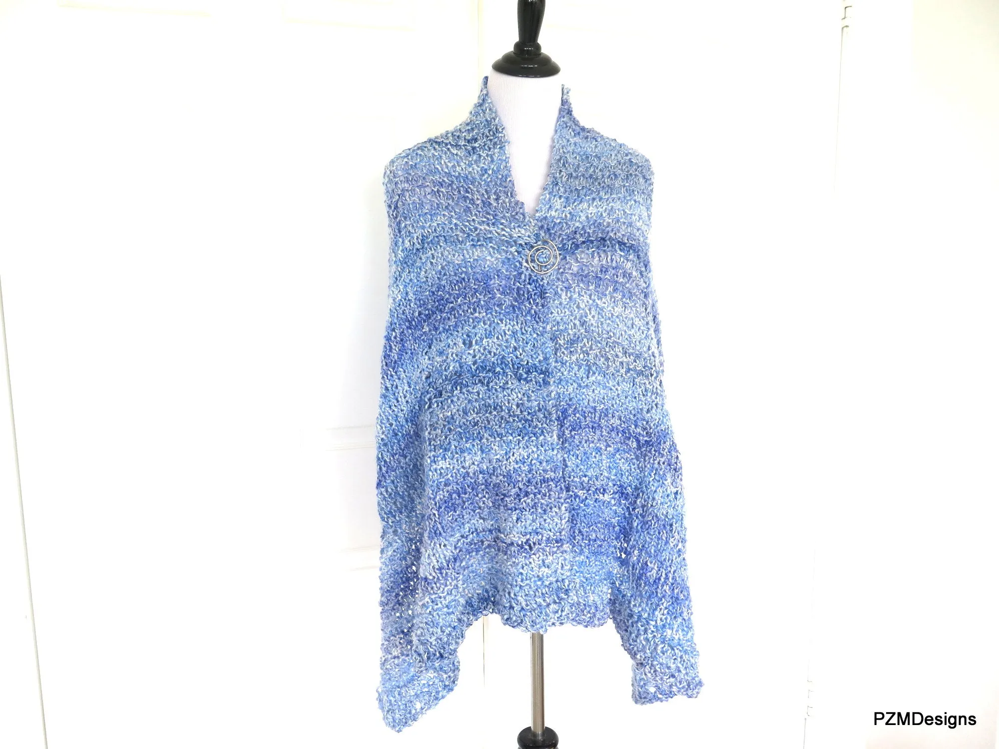 Light Blue Shawl, Extra Large Hand Knit Prayer Shawl