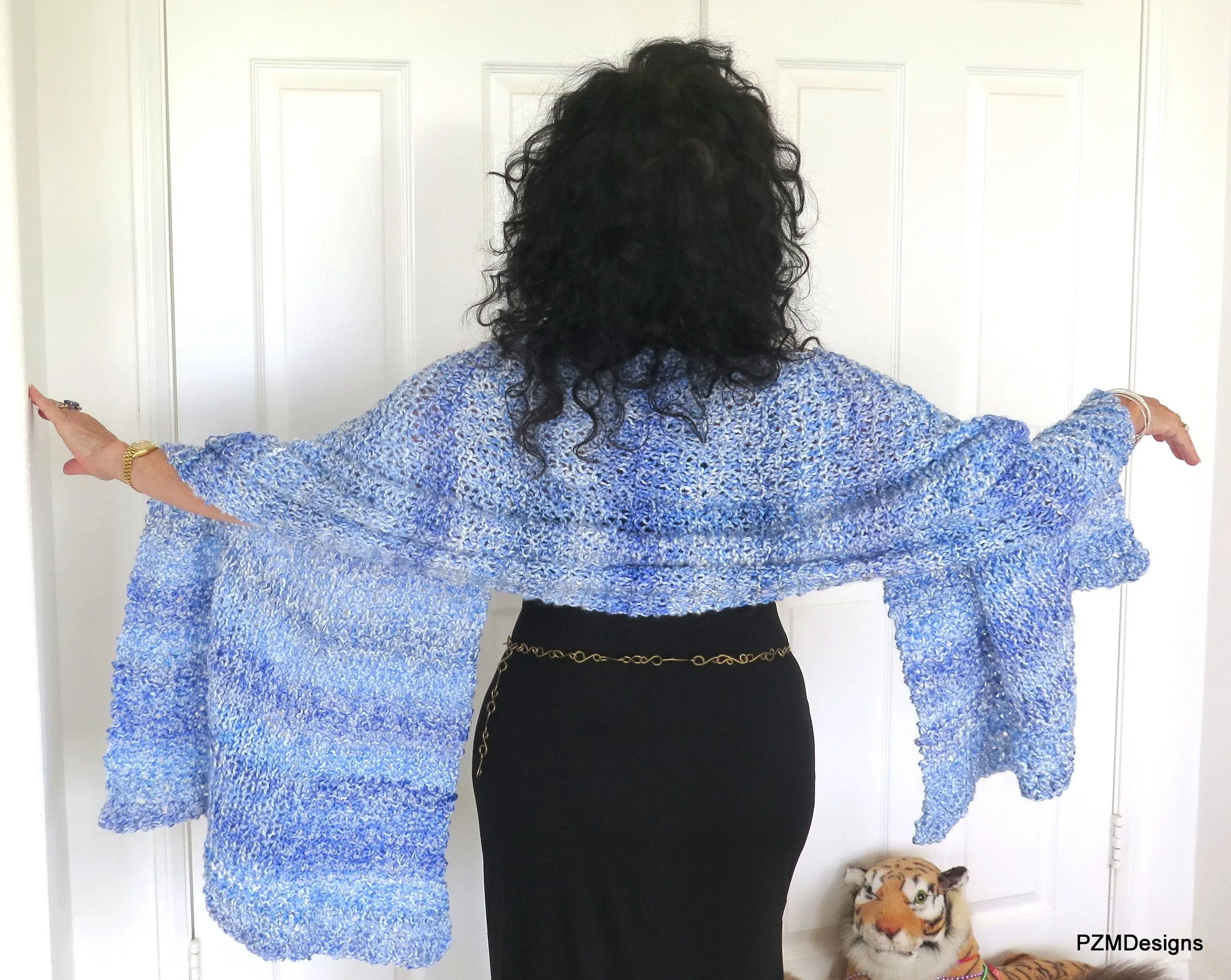 Light Blue Shawl, Extra Large Hand Knit Prayer Shawl