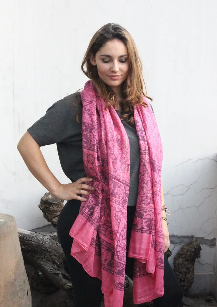 Light Pink Cotton Summer Scarf with Elephant and Deer Print From Nepal