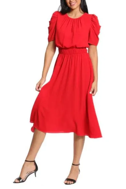 London Times Shirred Jewel Neck Puff Sleeve Midi Dress