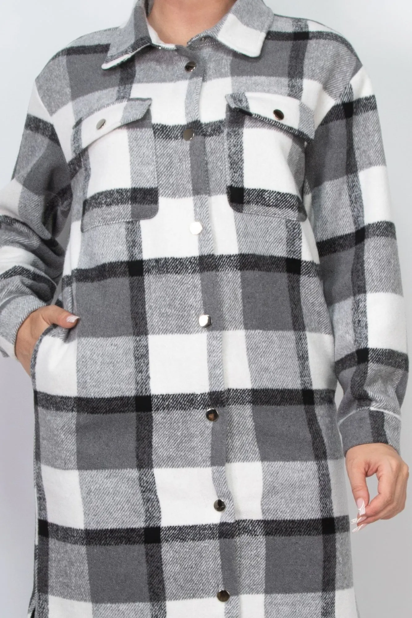 Long Plaid Buttoned Shacket Coat