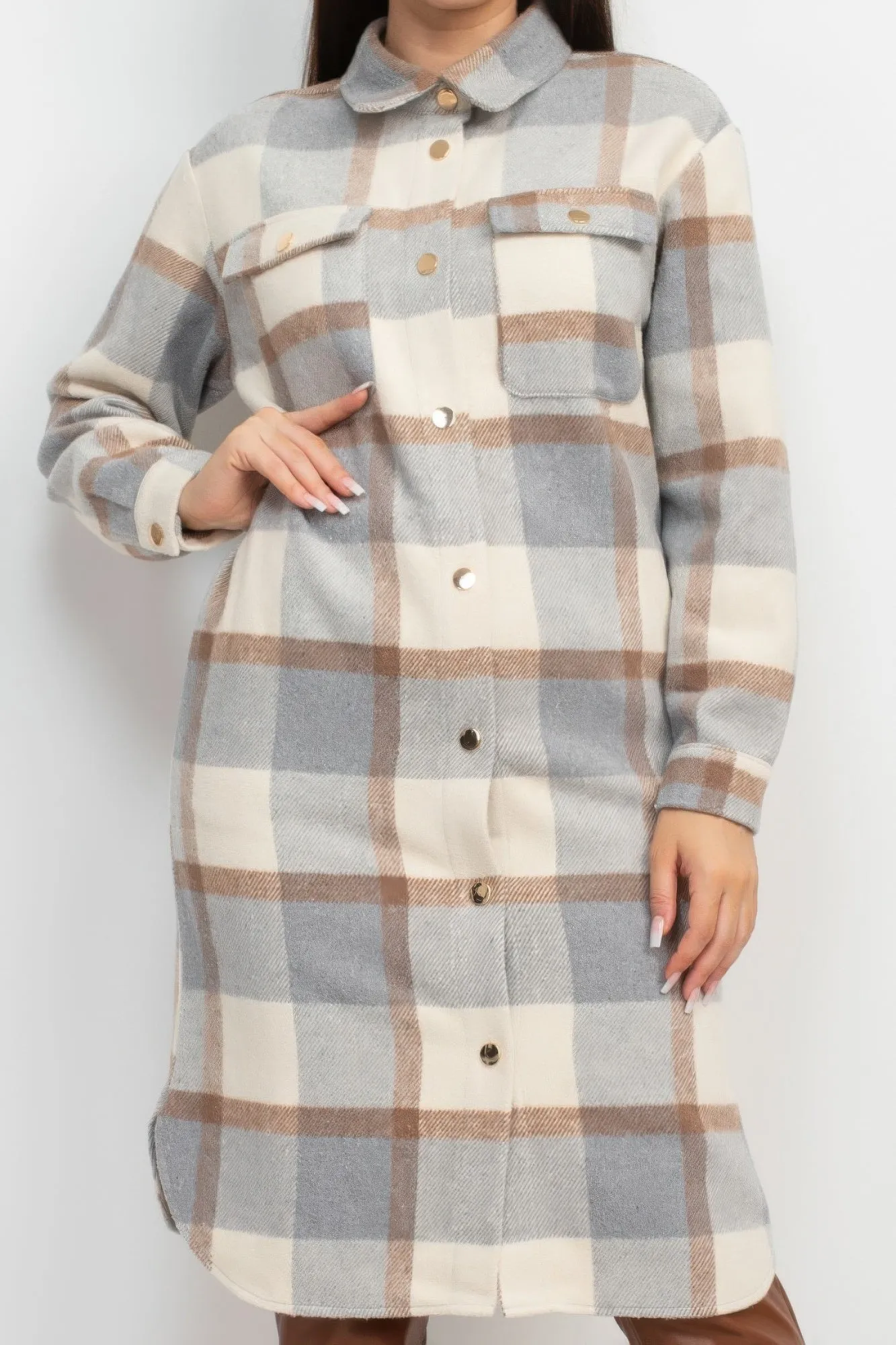 Long Plaid Buttoned Shacket Coat