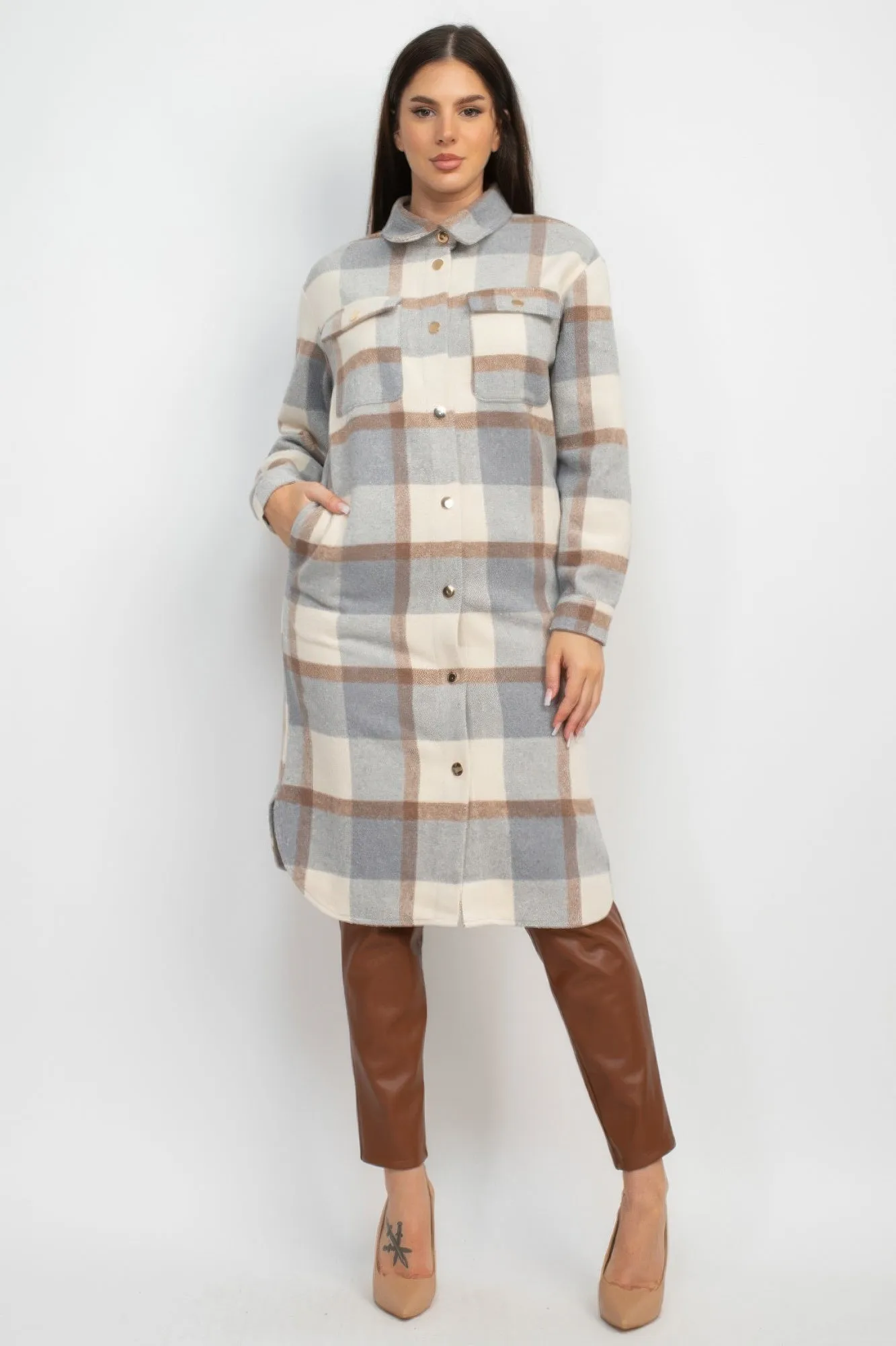 Long Plaid Buttoned Shacket Coat