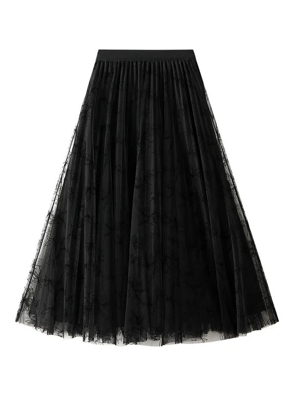 Long Pleated Gauze Skirt On Both Sides